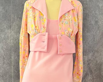1970年代のヴィンテージ、ピンクの花柄マキシドレス（ジャケット付き）Sサイズ