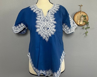Vintage 1960/70s Blue Embroidered Cotton Tunic