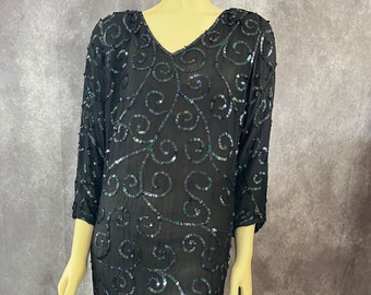 80s / 90s Black Sequin Silk Dress Size Large