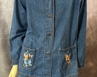 Vintage Jean Jacket with Butterfly Embroidery Size Medium