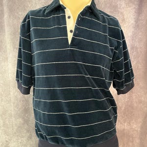 Vintage 70s Blue Striped Velour Shirt Size Large