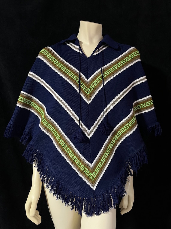 Vintage 1970's Navy Blue Knit Poncho