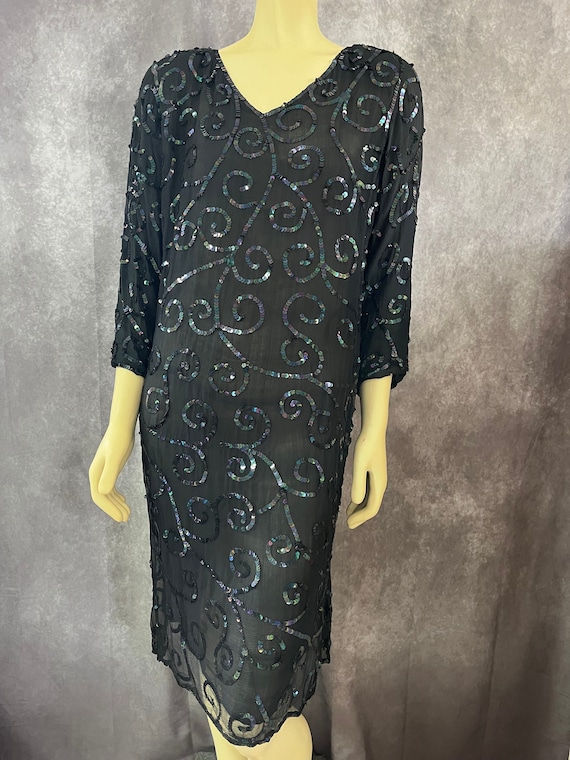 1980s Black Sequin Dress Size Large - image 1