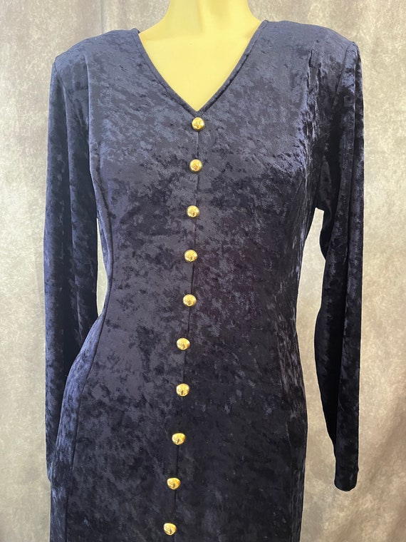 1990s Navy Blue Crushed Velvet Dress Size 14