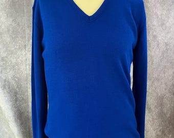 Maglione vintage blu con scollo a V, taglia media