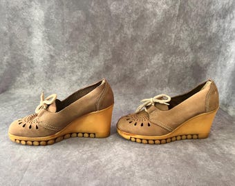 Vintage 1970er Jahre Leder Keil Schuhe mit Bubble Sohle Gr. 37