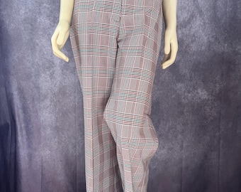 May include: Wide-leg pants in a plaid pattern with shades of pink, green, and white. The pants have a high waist and a button closure.