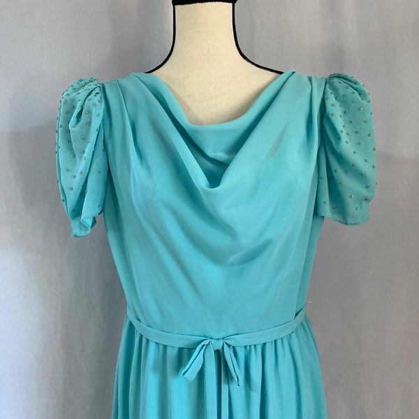 Women's Vintage 1980s Prom Dress with Beaded Short Sleeves