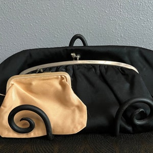 Vintage 1950s Black Satin Evening Bag Clutch with Coin Purse