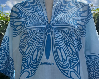 Túnica playera vintage de verano con diseño de mariposas azules para mujer