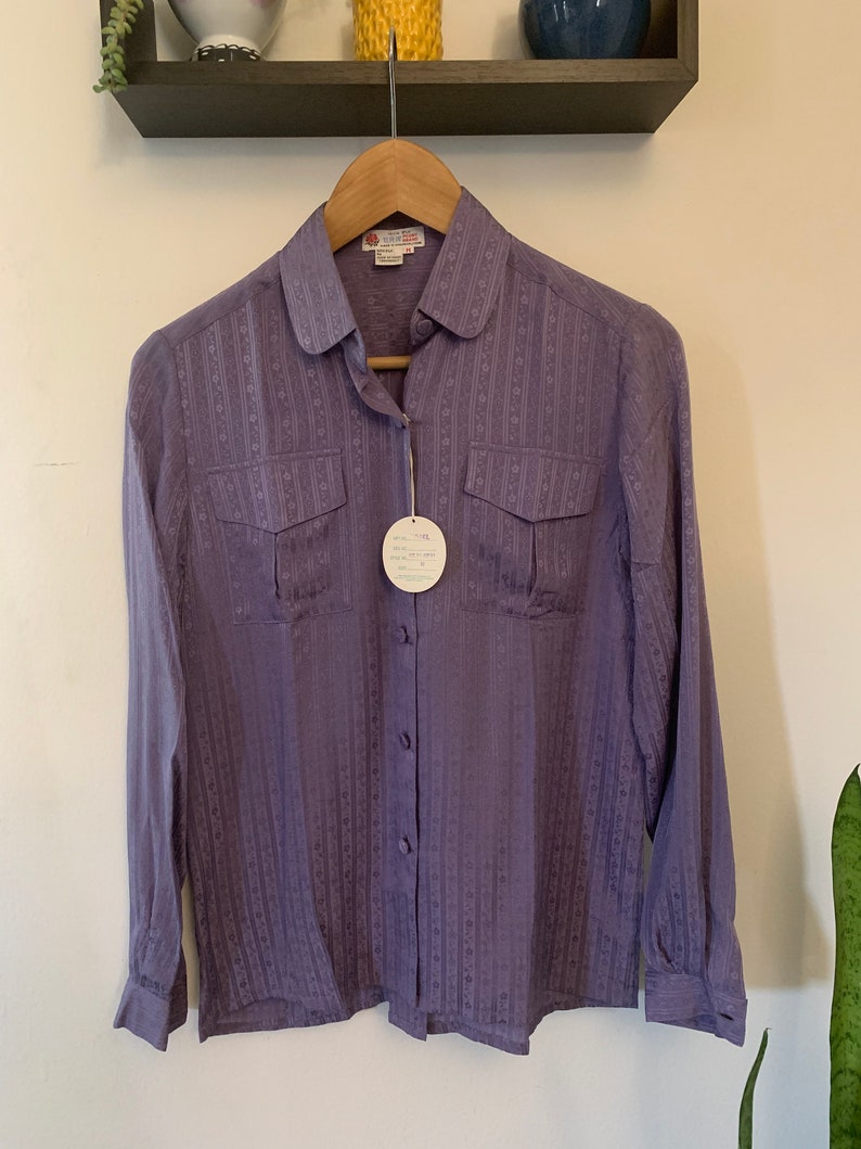 Women/'s Vintage Purple Button Up Silk Blouse