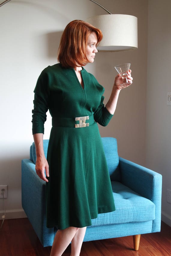 Vintage 1970s Green Leo Narducci Belted Dress