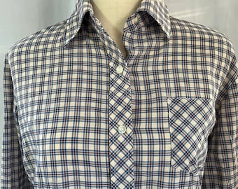 Chemise boutonnée vintage pour femmes en papier de coton à carreaux fins et à manches longues