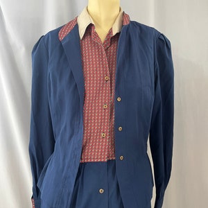 Ensemble robe bleue et rouge vintage des années 1970 pour femme avec veste, taille 16
