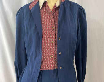 Women&#39;s Vintage 1970s Blue and Red Dress with Jacket Set Size 16