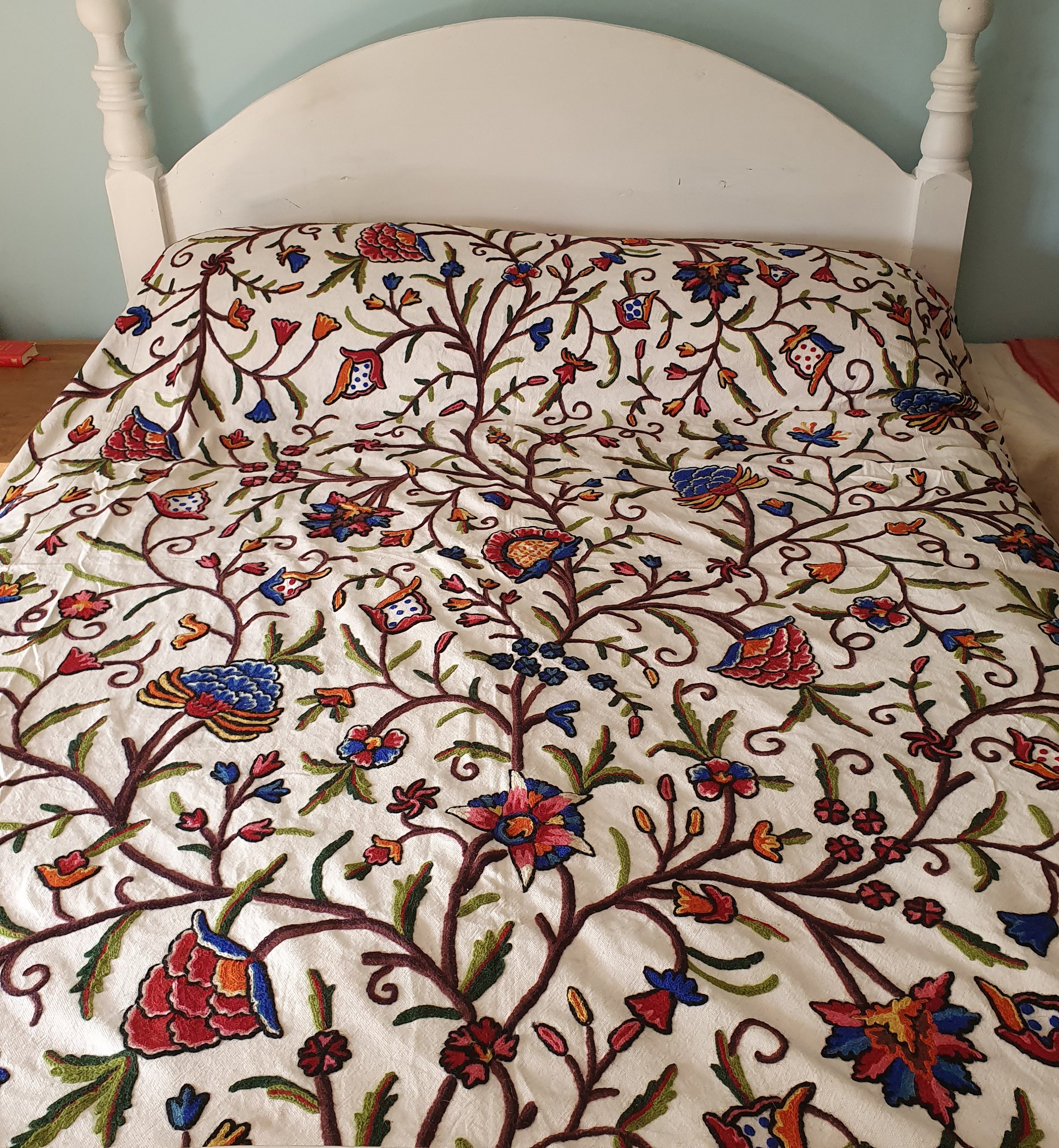 Traditional Handmade Crewel Work Bedspread Etsy