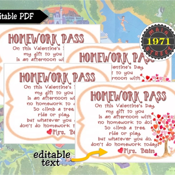 valentine no homework pass Editable PDF || Valentine from Teacher || Homework Pass || Valentine's Day Card || Instant Download