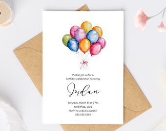 May include: Birthday party invitation with a watercolor illustration of colorful balloons. The text reads "Please join us for a birthday celebration honoring Jordan. Saturday, March 31 at 2 PM. 101 Birthday Lane. RSVP to Linda by March 1. 555.555.5555"