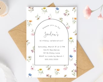 May include: A white invitation with a floral pattern and a black arch with the text "Please join us for Jordan's birthday celebration!"  Saturday, March 31 at 2 PM Smith Residence. 101 Birthday Lane RSVP to Linda by March 1 555.555.5555