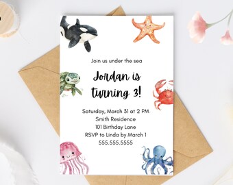 Custom Under the Sea Birthday Invite | Orca Crab Jellyfish Starfish Octopus Seahorse | Personalized Digital Canva Download Template 4x6 5x7