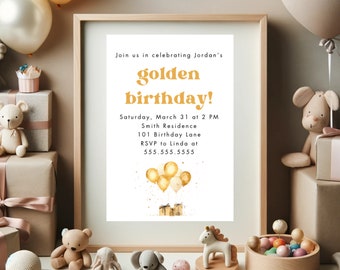 Editable Golden Birthday Invitation Template - Gold Gifts & Balloons, Instant Digital Download, Canva, Birthday Party Invite
