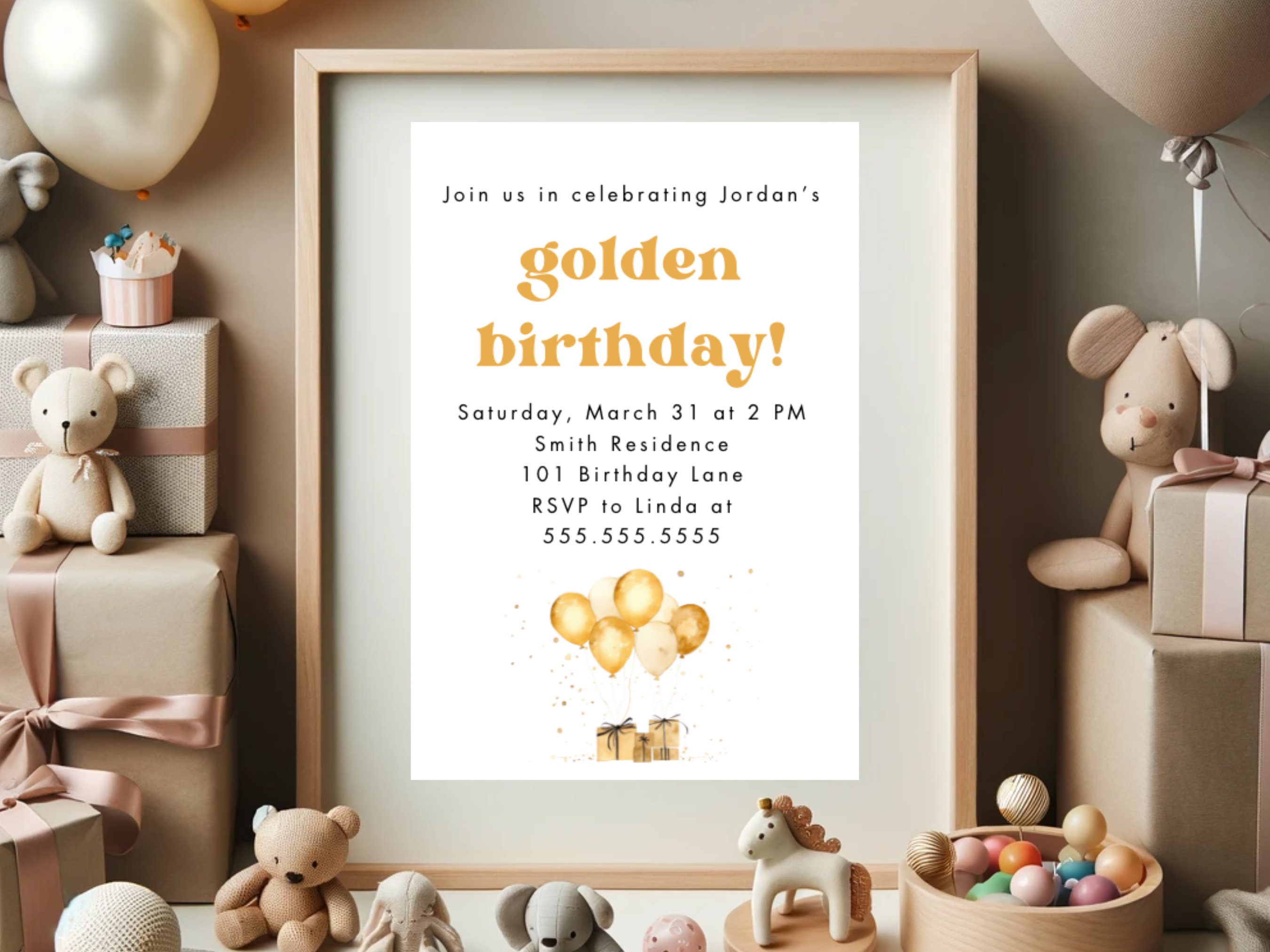 Editable Golden Birthday Invitation Template Gold Gifts Balloons