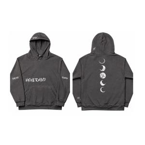 May include: A charcoal gray hooded sweatshirt featuring the text NEVERMIND on the front, FOREVER and YOUNG on the sleeves, and a vertical sequence of five moon phases printed in white on the back. The hoodie includes a front kangaroo pocket.