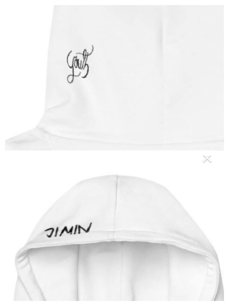 May include: White hoodie with the word "Youth" in cursive script on the upper left side. The word "JIMIN" is printed in black capital letters on the hood. The hoodie is made of a soft, comfortable material.
