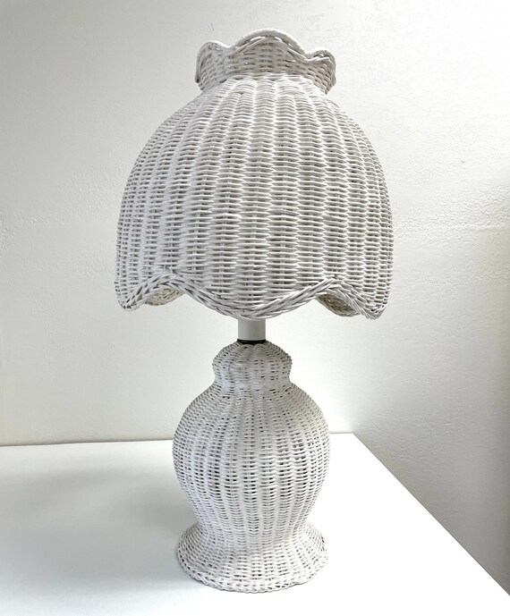 Vintage White Wicker Table Lamp With Original Shade Etsy