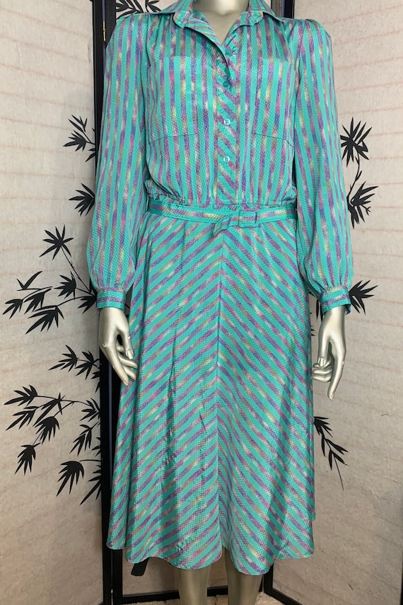 Vintages 70's Turquoise Chevron Twirl Dress