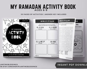 May include: A black and white printable Ramadan activity book for ages 6-9. The cover features a black circle with the text "My Ramadan Activity Book" and a background of white stars. The book includes 30 pages of activities and an answer key.