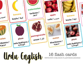 Fruits URDU + ENGLISH EDITION | 16 Common Fruit Flash Cards | Printable, Multilingual, Preschool, First Words