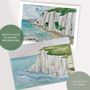 Bluebirds Over the White Cliffs of Dover | watercolor landscape art | instant download printable watercolor painting of Dover, Kent, England