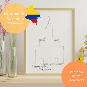 Op de afbeelding: Ingelijste print met een lijntekening van de Barranquilla Colombia LDS-tempel. De afbeelding bevat de tekst "Barranquilla Colombia LDS Temple" en een kaart van Colombia. Een tweede cirkel bevat de tekst "Printbare direct download".