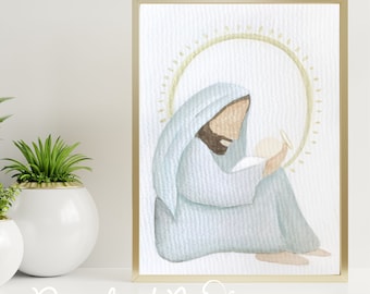 Gekoesterd - Miskraamkunst, Jezus Christus met genderneutrale baby, babyverlies, doodgeboren, aquarel zwangerschapsverlies kunst