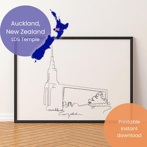 Op de afbeelding: Ingelijste print met een lijntekening van de LDS-tempel van Auckland, Nieuw-Zeeland. Een blauwe kaart van Nieuw-Zeeland met een vlag staat boven de tempel. Tekst bevat "Auckland, New Zealand LDS Temple" en "Printable instant download."