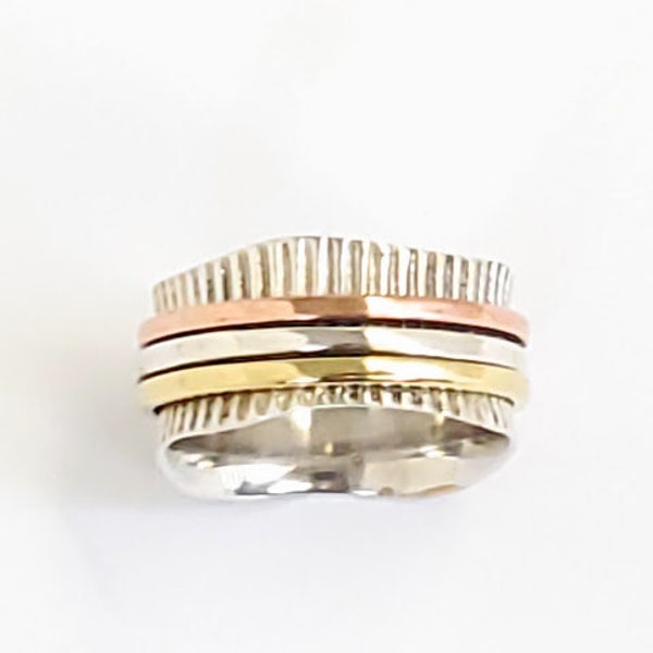 NEW SPINNER RINGS - Spin Meditation Rings- Sterling Silver Body with Brass-Copper-Silver Rings- Hand-crafted top quality Jewelry
