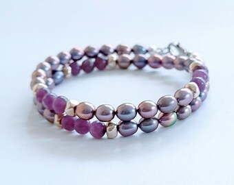 INTERCHANGEABLE Bracelet or Necklace Beaded with River Pearls and Lepidolite- Genuine Crystal and Gemstone Jewelry