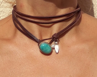 Real Turquoise Necklace for Women, Double Leather wrap Choker, Boho Bohemian Jewelry, Festival Fashion