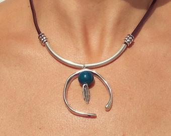 Boho Leather Necklace with Open Circle Silver Pendant and Blue Agate stone