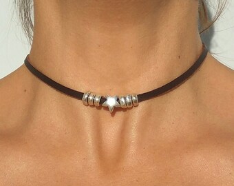 Silver Star Choker, Leather Necklace for Women, Wome Necklace, Star Necklace, Zamak Jewelry, Silver Necklace, Silver Jewelry, Boho Necklace