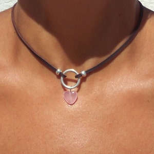 Silver Ring Necklace, Heart Choker Necklace for Women, Pink Quartz Gemstone Necklace, Leather Necklace, Natural Stone Choker, Stone Necklace
