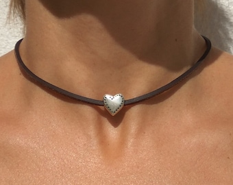 Collana girocollo a forma di cuore in argento per donna, collana girocollo con cuore, gioielli a forma di cuore, collana in pelle, collana a forma di cuore, girocollo in pelle, Endia