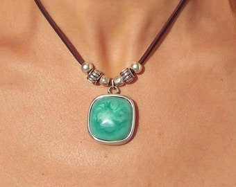 Turquoise Pendant Necklace, Leather Cord Necklace, Handmade Mediterranean Boho Jewelry, Gift for Her