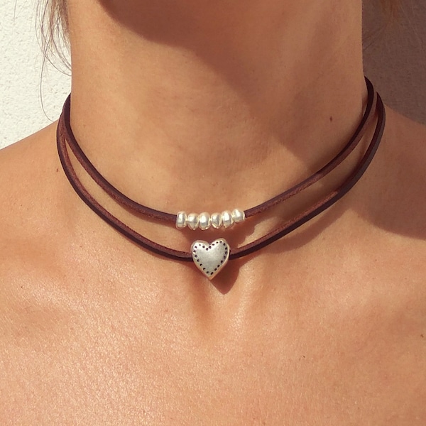 Läderchokerhalsband för kvinnor, hjärtchoker, hjärthalsband, uttalandehalsband, halsband för kvinnor, läderhalsband, silverhjärthalsband