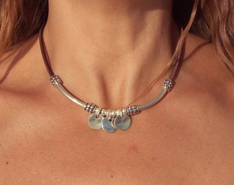 Silver Choker Necklace for Women, Beaded Necklace, Silver Necklace, Boho Necklace, Womens Necklaces, Leather Necklace, Boho Jewelry