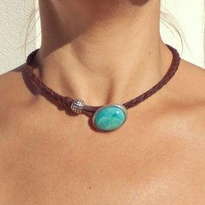 Turquoise Necklace for Women, Turquoise Choker Necklace, Boho Jewelry, Boho Necklace, Leather Necklace, Leather Choker, Silver Choker