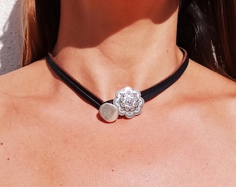 Collar de cuero para mujer, collar de gargantilla de mujer, collar de cuentas, gargantilla de plata, gargantilla de cuero, joyería boho, joyería de plata, boho