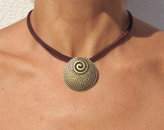 Leather Choker Necklace for Women, Bronze Spiral Pendant Necklace, Bronze Pendant Necklace, Leather Necklace, Bohemian Jewelry, Boho Jewelry