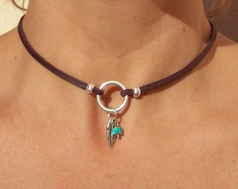 Feather Choker Necklace for Women, Leather Necklace, Silver Ring Necklace, Silver Plated Choker, Turquoise Stone Choker, Gemstone Necklace
